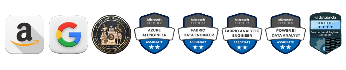 Amazon, Google, MIT, Microsoft Azure AI Engineer, Fabric Data Engineer, Fabric Analytics Engineer, Power BI Data Analyst and Databricks Generative AI Engineer badges