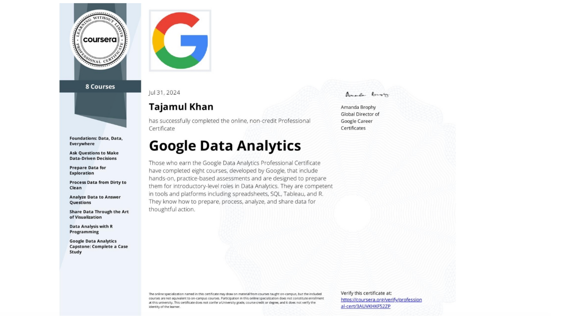Google Data Analytics Professional credential preview