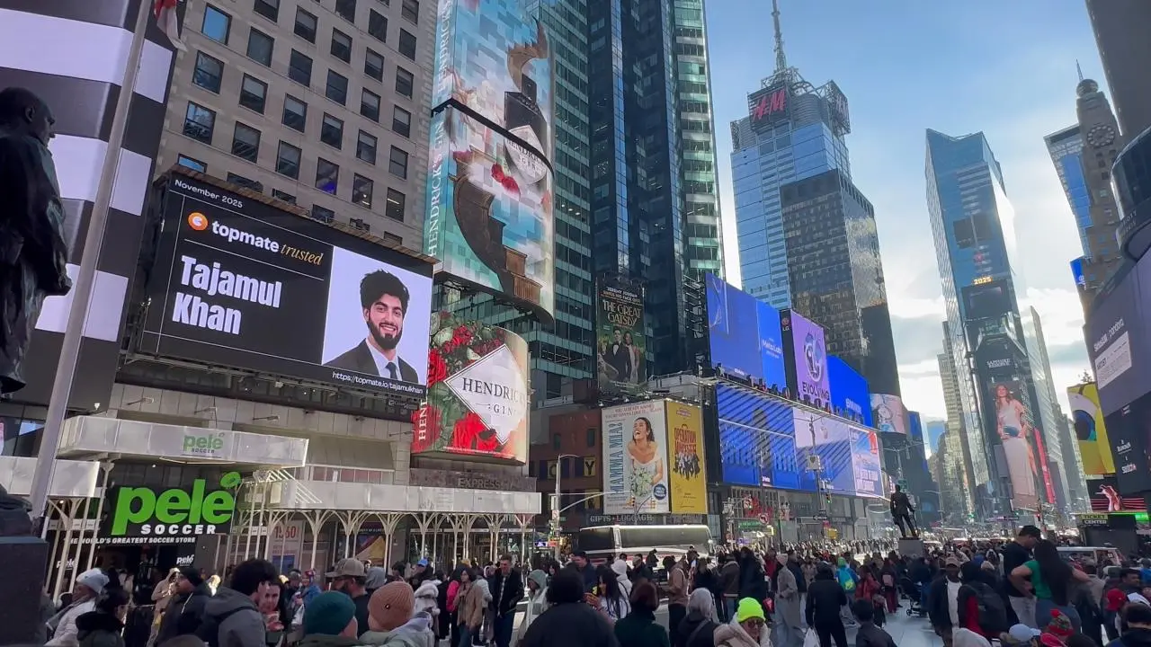 Tajamul Khan featured on a Topmate billboard at Times Square, New York City